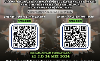 Bawaslu Kabupaten Sanggau membuka perpanjangan pendaftaran bagi Calon Anggota Panwaslu Kelurahan/Desa (PKD) se-kabupaten Sanggau. Dari tanggal 22 s.d 24 Mei 2024