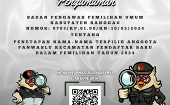 Berikut kami sampaikan Pengumuman Penetapan nama-nama terpilih Anggota Panwaslu Kecamatan Se-Kabupaten Sanggau Pendaftar Baru pada Pilkada Tahun 2024