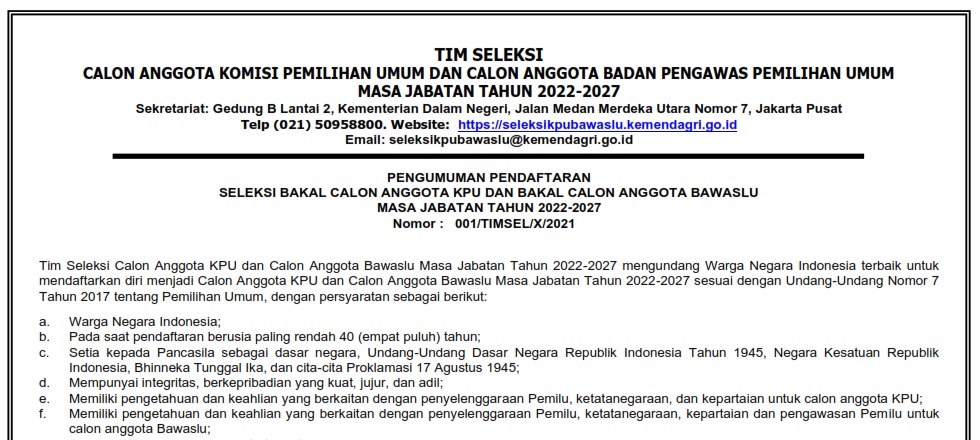 Pendaftaran Calon Anggota KPU dan Anggota Bawaslu Masa Jabatan 2022-2027