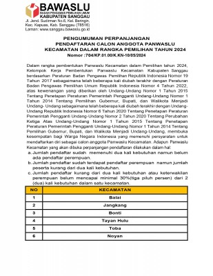 Berikut Kami sampaikan Pengumuman Resmi Perpanjangan Rekrutmen Panwaslu Kecamatan Se-Kabupaten Sanggau pada Pemilihan Gubernur, Wakil Gubernur Kalimantan Barat dan Bupati, Wakil Bupati Kabupaten Sanggau Tahun 2024